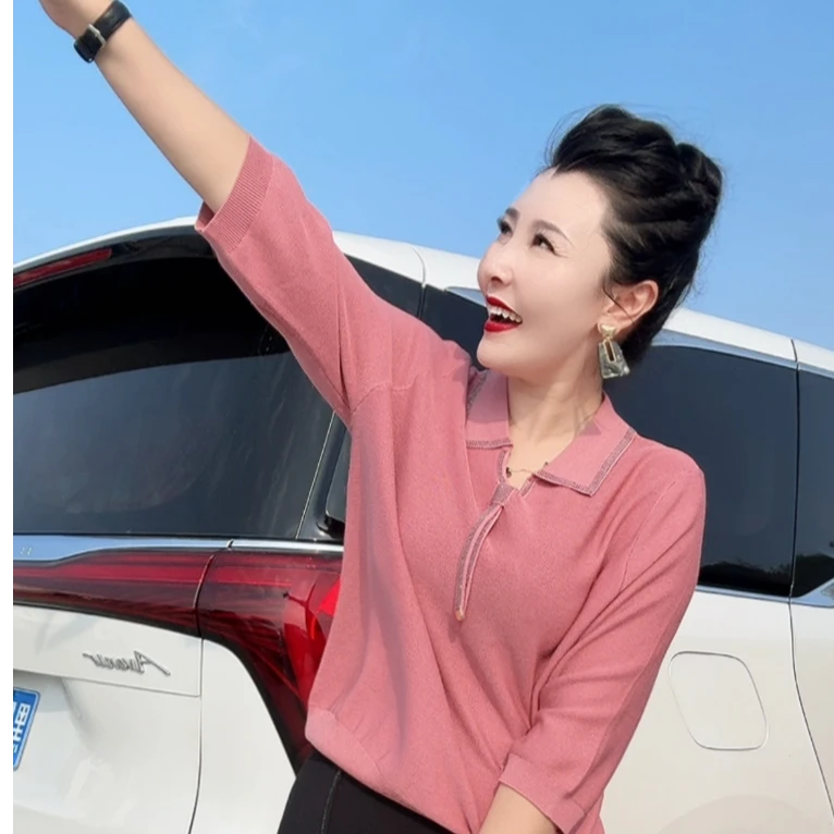 759针织打底常规款高腰针织衫秋季中老年女装纯色翻领气质