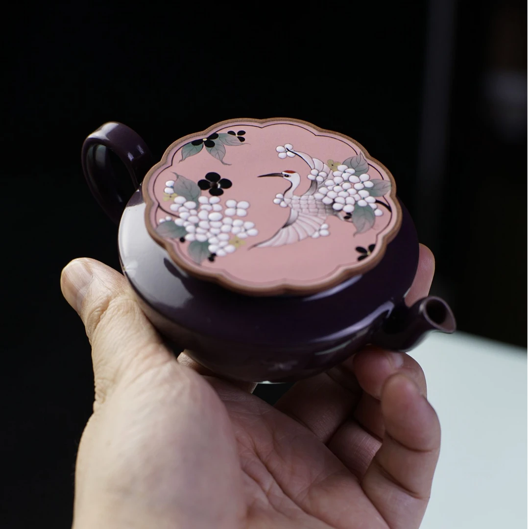 三秋月紫色仙鹤花卉茶壶景德镇手工手绘全手花卉壶 紫泥+陶泥配方
