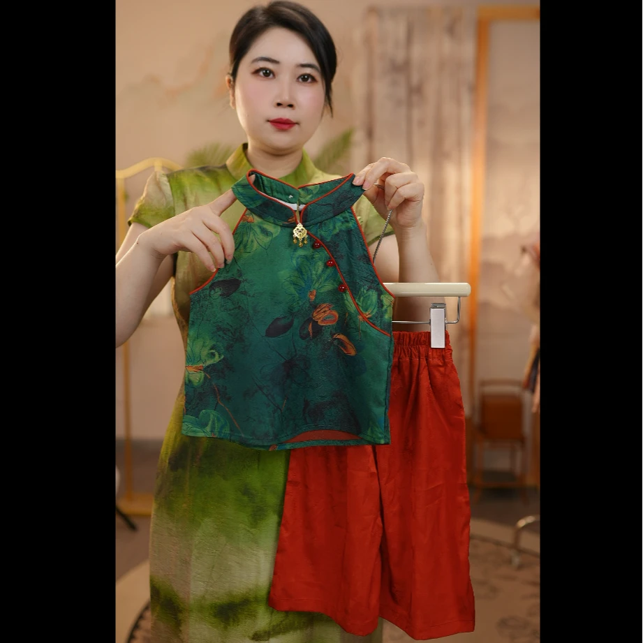 A月色套装#夏季汉元素无袖儿童背心观赛搭子套女童夏款古风套装