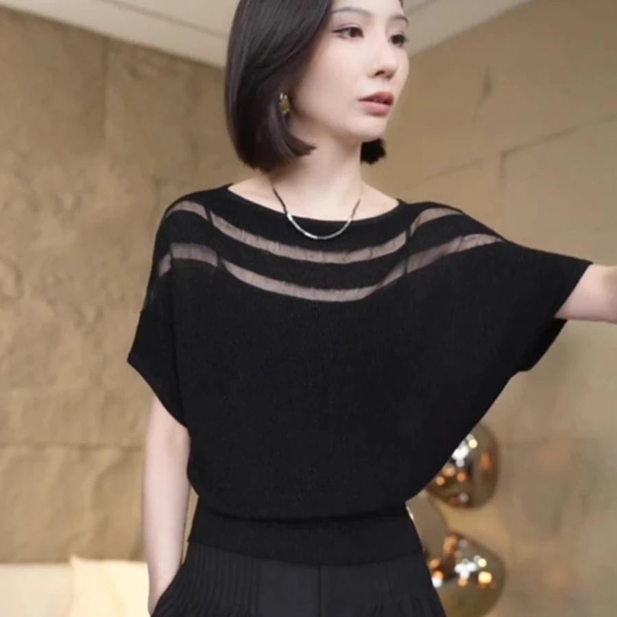 高级感时尚细闪设计感冰丝针织衫女2025夏季宽松新款独特别致上衣