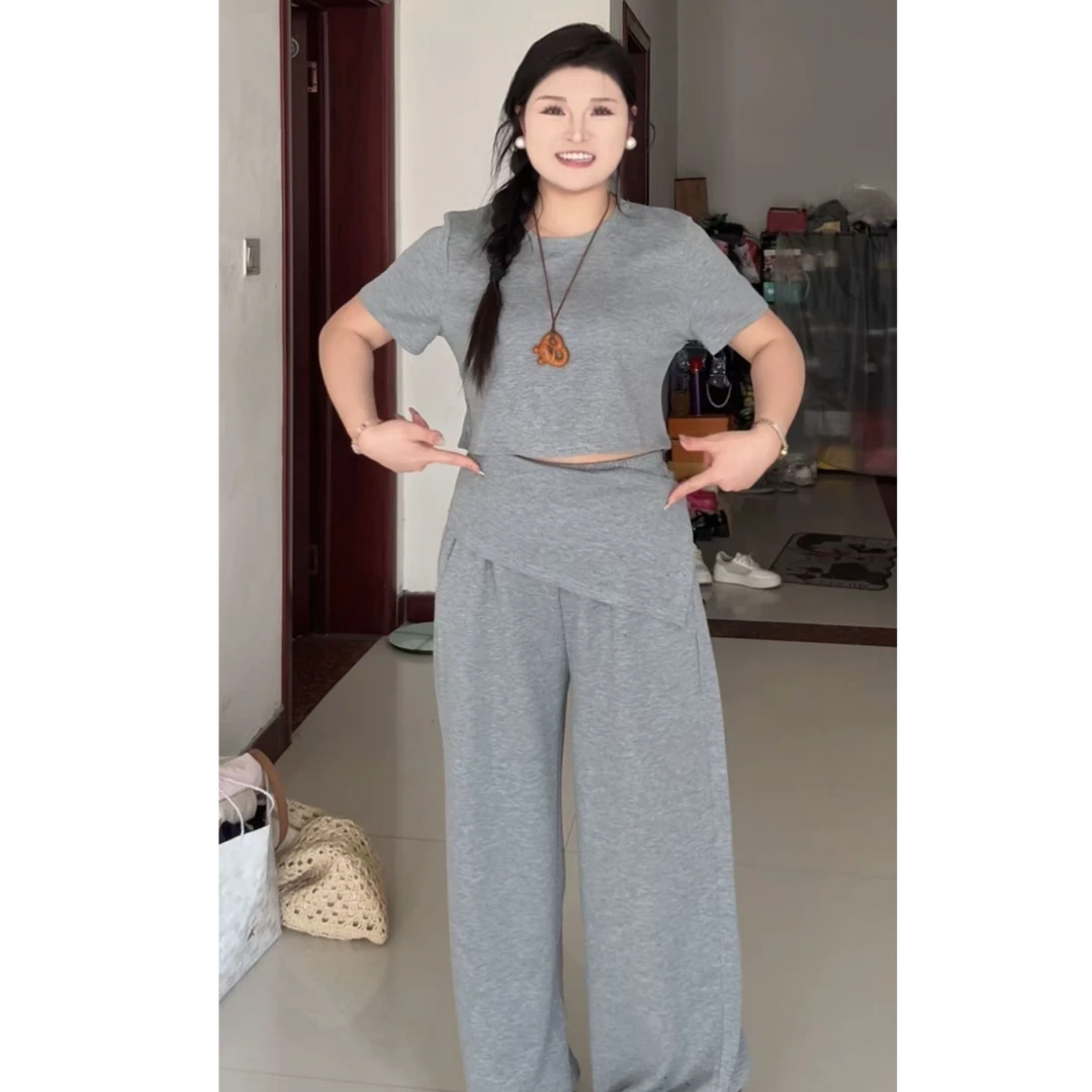 瑶瑶专属】新款韩系不规则下摆拼接镂空短袖T恤搭配高腰阔腿裤女装