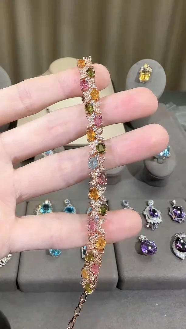 银S925镶嵌手链碧玺7mm手链高级款多样性发其一