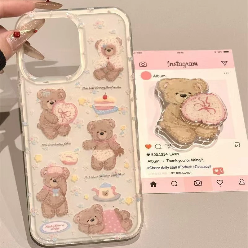 碎花布偶适用iphone16手机壳支架苹果华为vivo小米OPPO荣耀防摔套