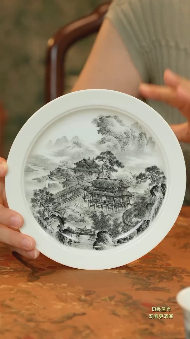 手绘墨彩梁园盛景壶承