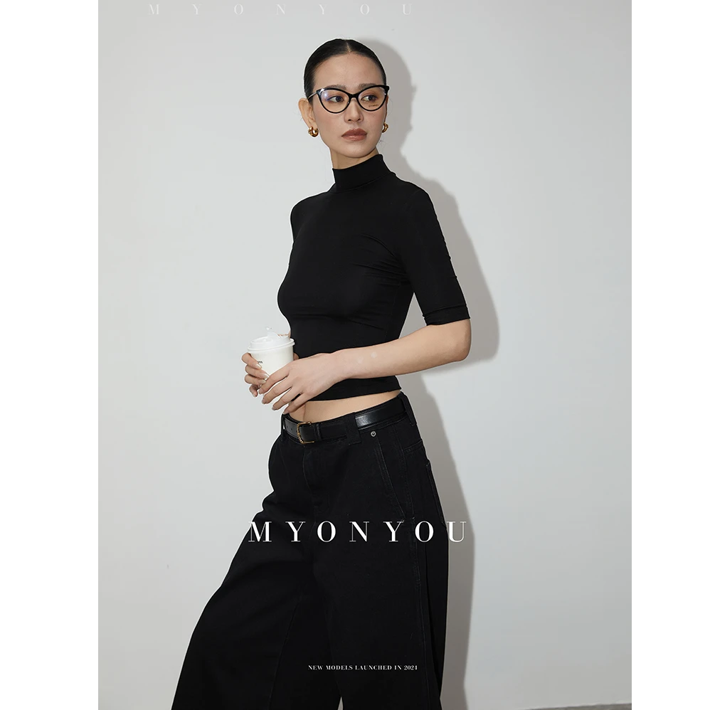 MYONYOU 原创小众设计极简复古百搭半高领气质修身弹力中袖T恤