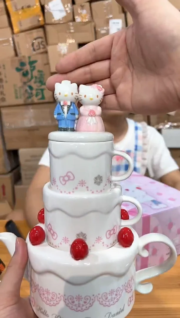 瓷片原盒kt猫结婚茶壶套组