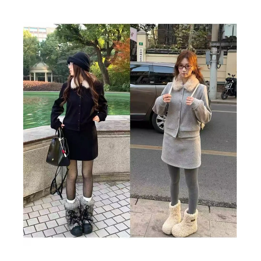 韩系高级时髦休闲百搭卫衣遮肉显瘦直筒裙毛毛翻领卫衣套装61977