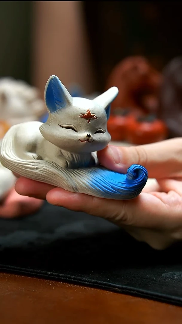 茶壶紫砂蓝色小狐狸茶宠
