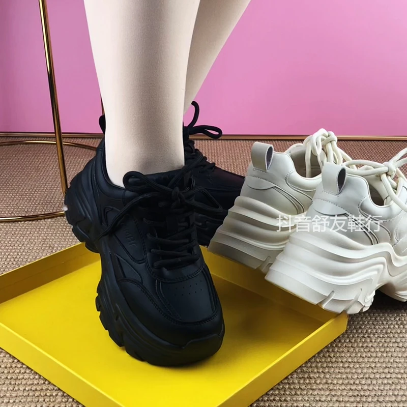 真皮运动鞋2025春秋新款牛皮厚底系带女鞋潮流休闲鞋老爹鞋小个子