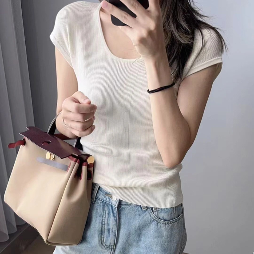 夏季U领莱赛尔三醋酸针织坑条时尚百搭修身气质小飞袖打底0628