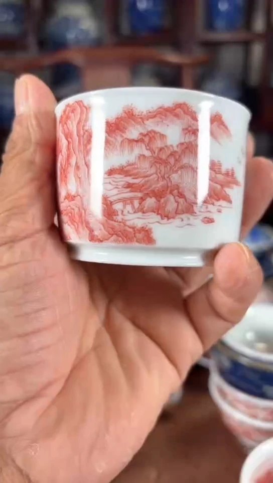柴窑釉里红山水融天杯杯