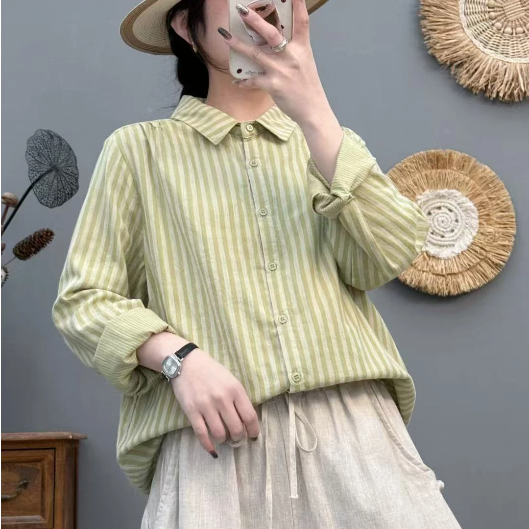 2025春季新款宽条纹双层棉纱衬衫女休闲百搭衬衣9531