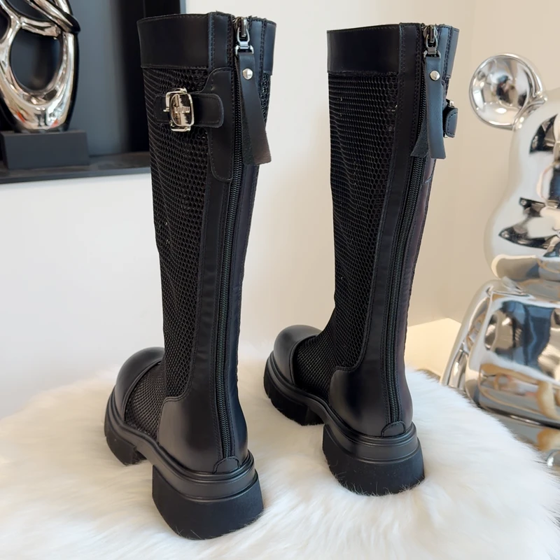 时装靴铆钉高筒机车靴凉靴百搭长筒厚底镂空马丁靴网靴透气网纱靴