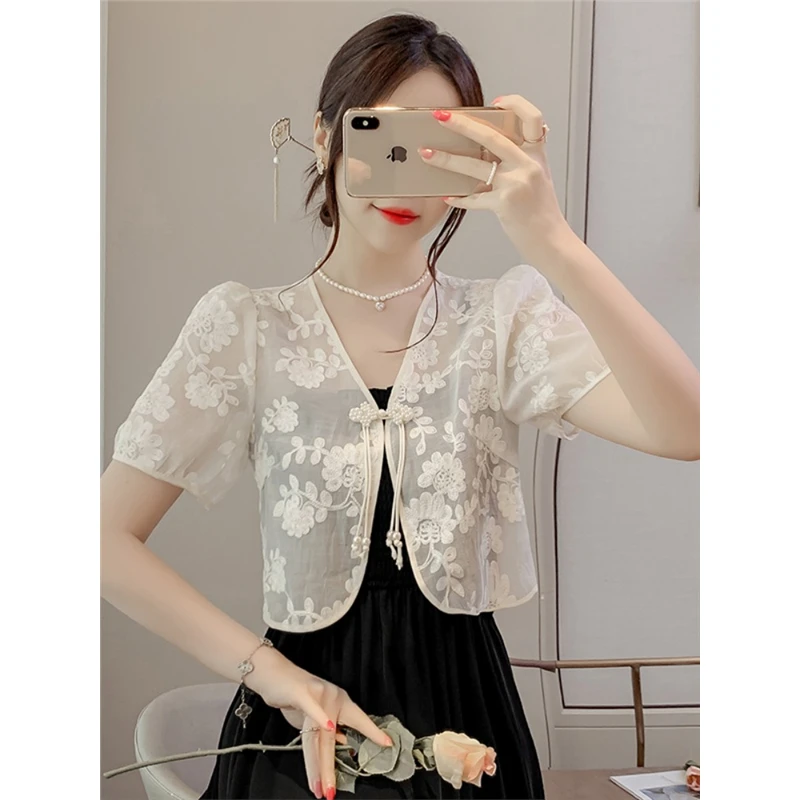 法式提花蕾丝披肩外套女夏季配吊带裙外搭短款开衫上衣两件套