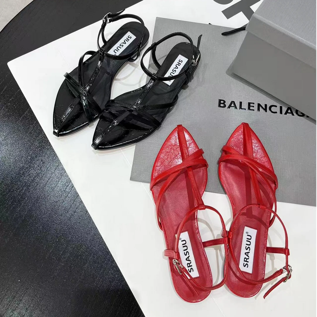 2025年新款真皮时尚平底女人味尖头一字带时装凉鞋308-68