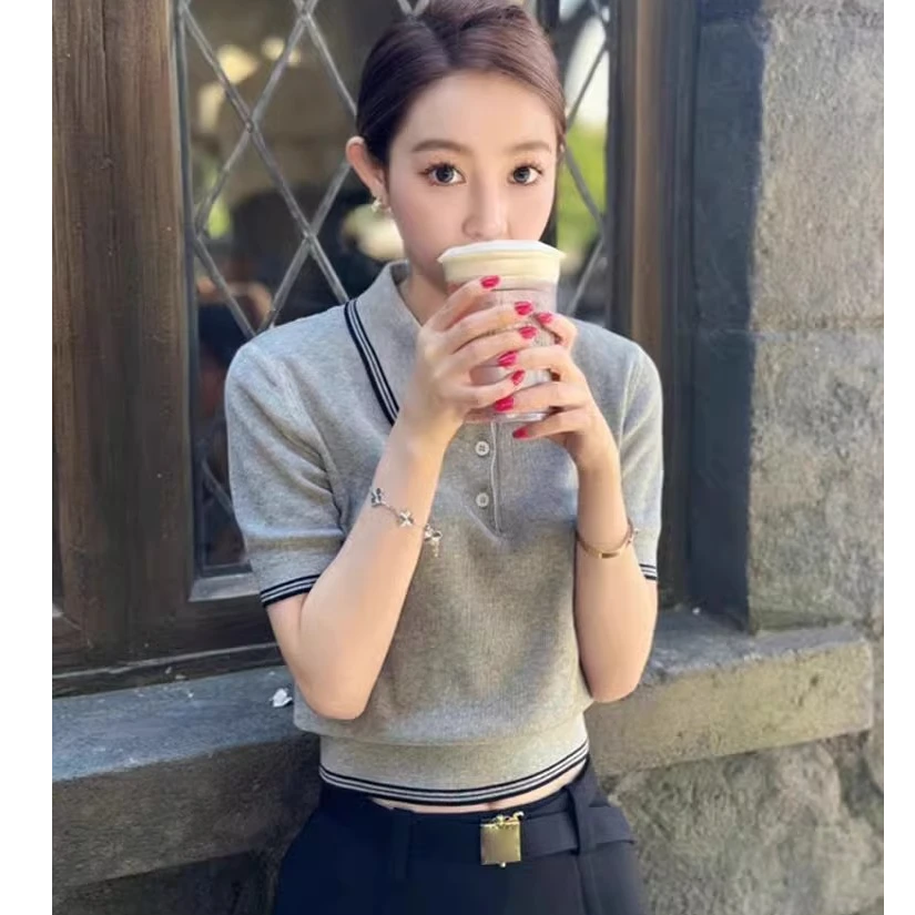 法式Polo领撞色灰色薄款短袖针织衫女夏季高级感冰丝正肩T恤上衣