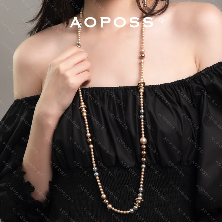 AOPOSS白姿镀K金[极光落樱]项链女款气质长款香槟色坠链