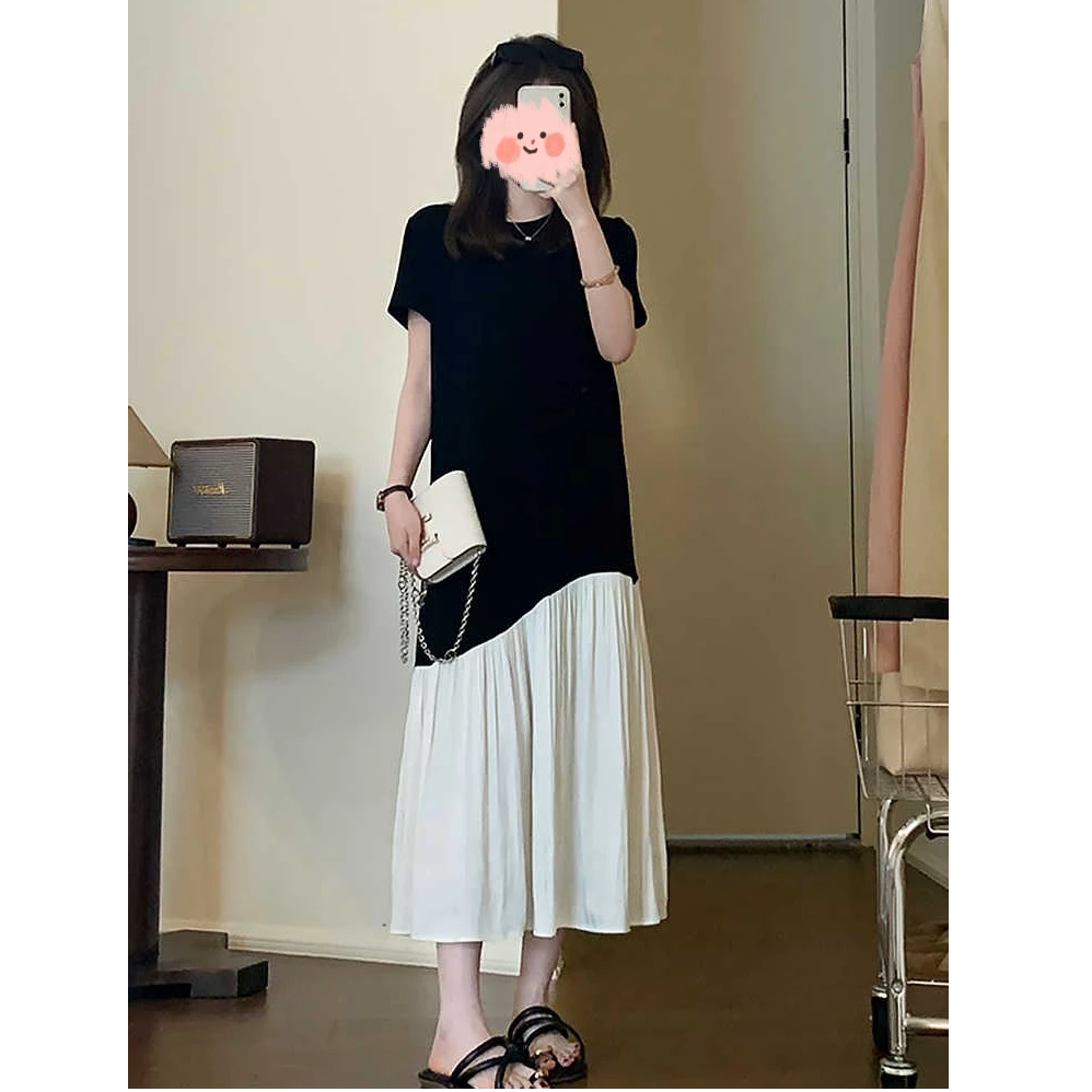 法式气质拼接圆领短袖连衣裙女2025新款夏季宽松显瘦休闲t恤长裙