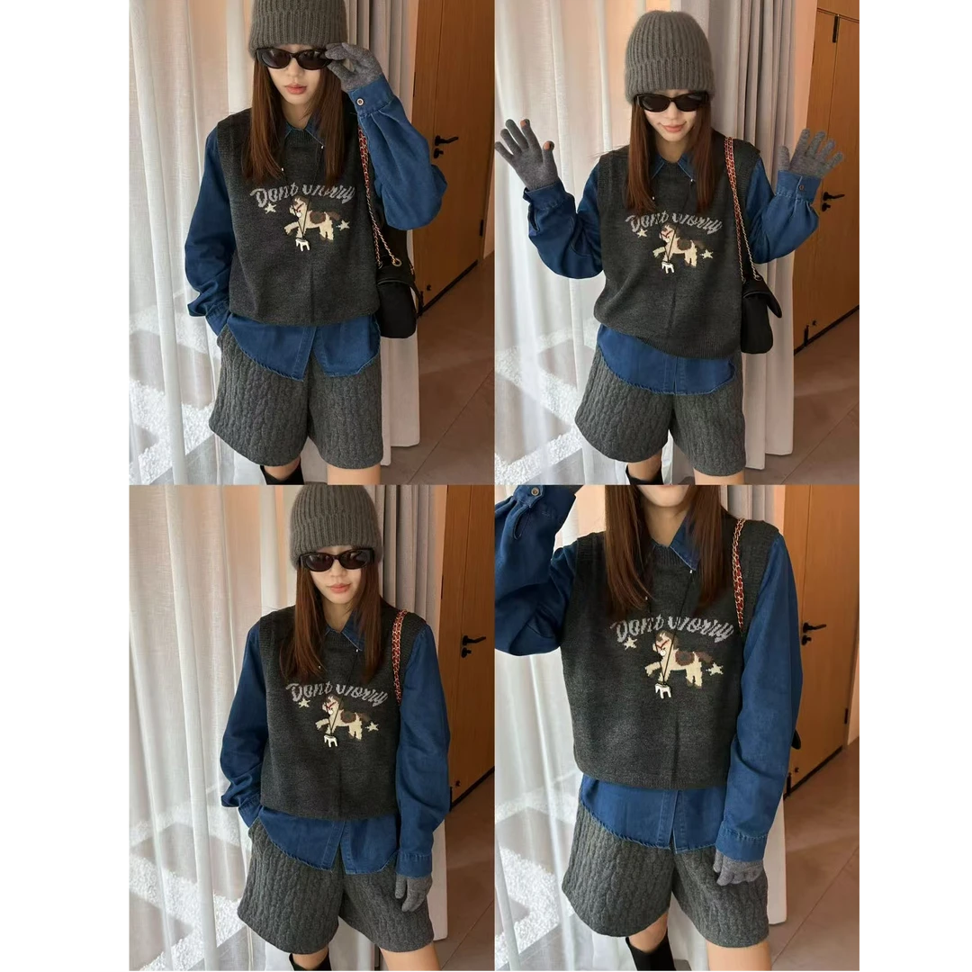 【YIBUDAOWEI】卡通小马提花针织马甲叠穿翻领衬衫两件套 55071