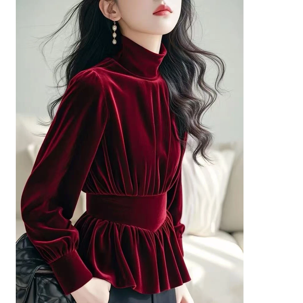 2025春秋轻奢高级感流行漂亮超好看酒红色内搭丝绒衬衫女秋冬新款