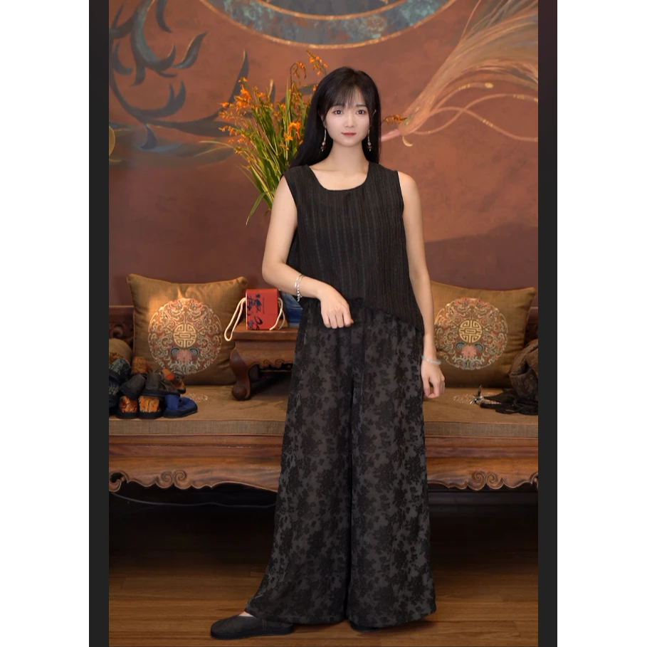 爱上莲心香云纱【墨云间】提花缎阔腿腿    新中式女士复古