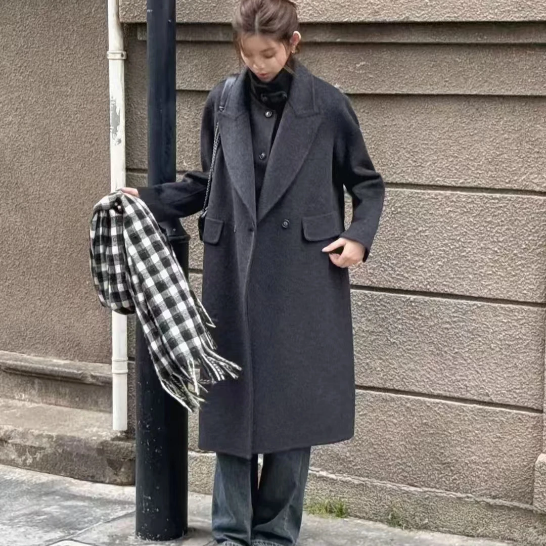 冬季温柔悬垂大衣立领宽松女毛呢外套长款时尚罗纹立领两件套西装