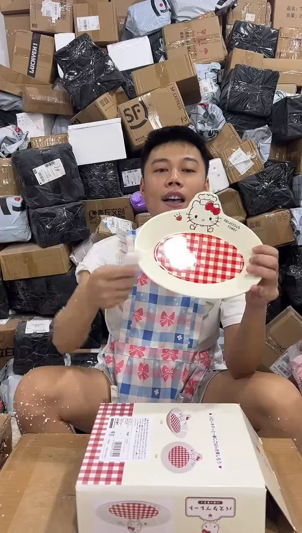 瓷片原盒kt猫红格子餐盘 微瑕