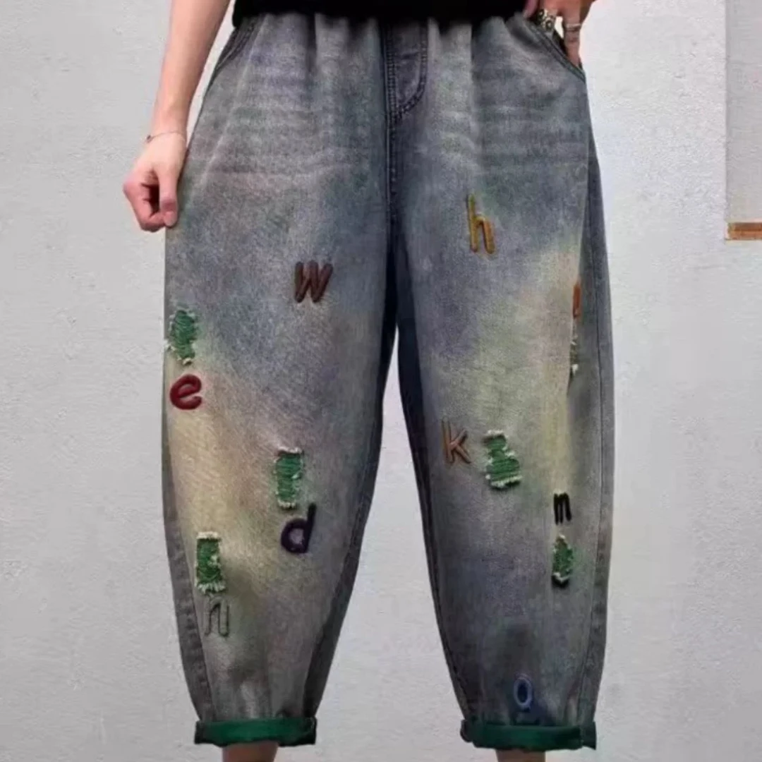 夏季新款牛仔裤女宽松松紧腰哈伦裤刺绣复古破洞浅色欧版