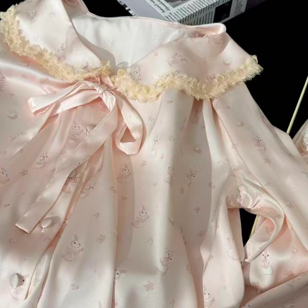 大菲【粉兔眠眠】甜茶粉春秋蕾丝花边女长袖长裤居家春秋四件套