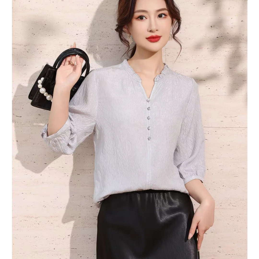 【冠乐绉剪刀领】数兰朵100%桑蚕丝复古花边领真丝上衣中袖 23姆米