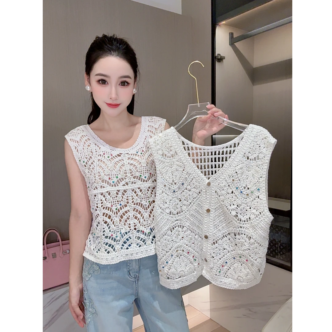 夏季时尚镂空亮片钉珠背心马甲上衣