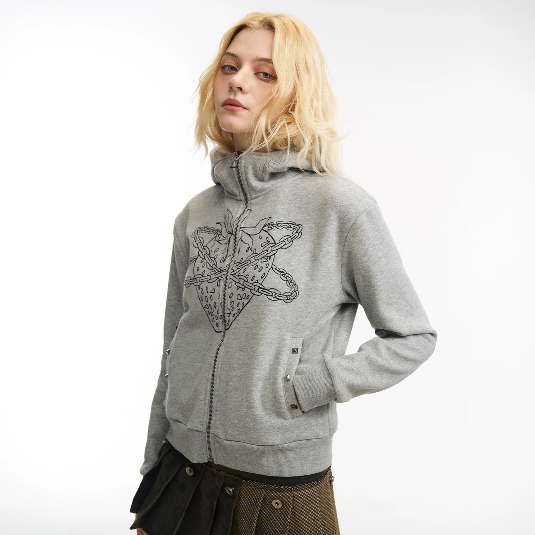 GOST链条草莓灰色短款连帽卫衣外套