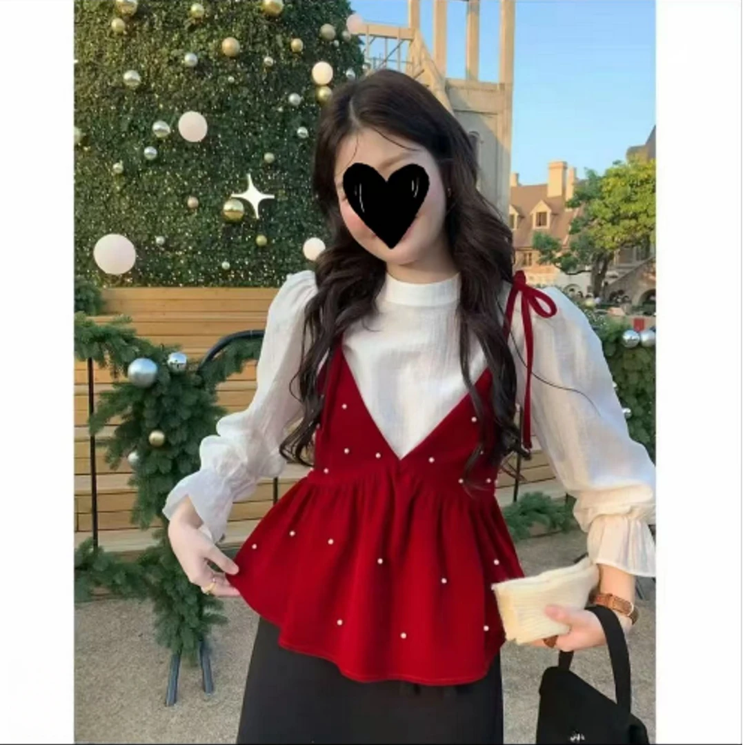 韩系氛围感珍珠V领丝绒吊带上衣