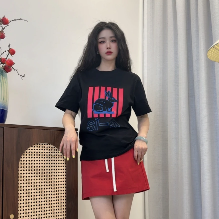 【黑-兔子】2025夏季新款可爱印花短袖T恤女小众设计感圆领短袖