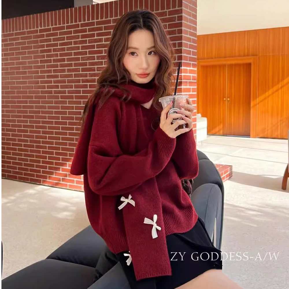 春季设计感蝴蝶结V领喜庆毛衣围巾两件套红色年会高级感针织衫女