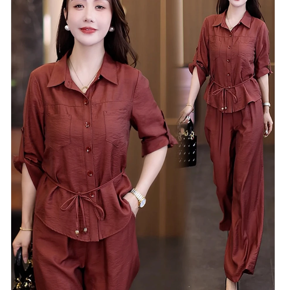 2025秋季新款时尚套装女洋气显瘦长袖衬衣阔腿裤休闲减龄两件套潮