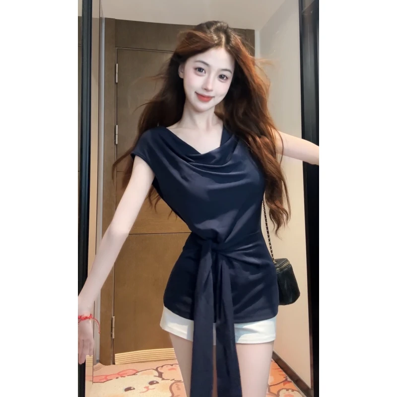 【XIAOBAWANG】法式气质高级感荡领短袖T恤绑带收腰上衣W