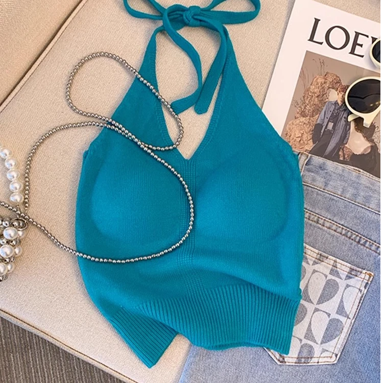 甜辣妹多巴胺针织挂脖小吊带背心女夏外穿短款带胸垫露背无袖上衣