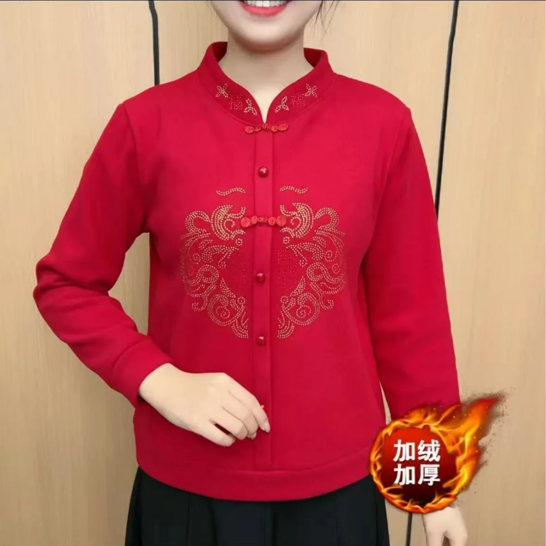 新国风烫钻加绒加厚一体绒保暖打底妈妈装秋冬气质2025