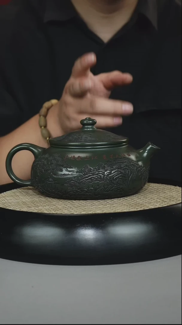 茶壶紫砂绿泥 寒江 刻绘山水