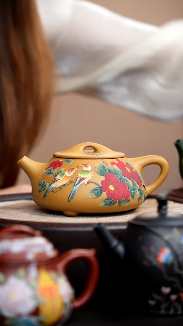 茶壶紫砂黄金段景舟石瓢泥绘双鸟