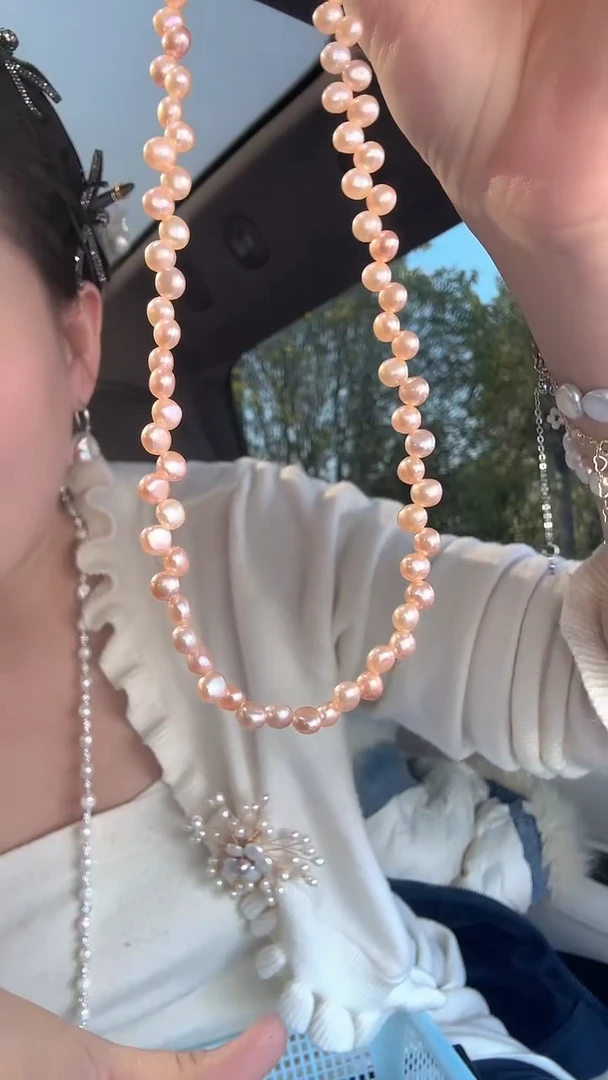 项链银S925镶嵌淡水珍珠小梅花中国红925银项链