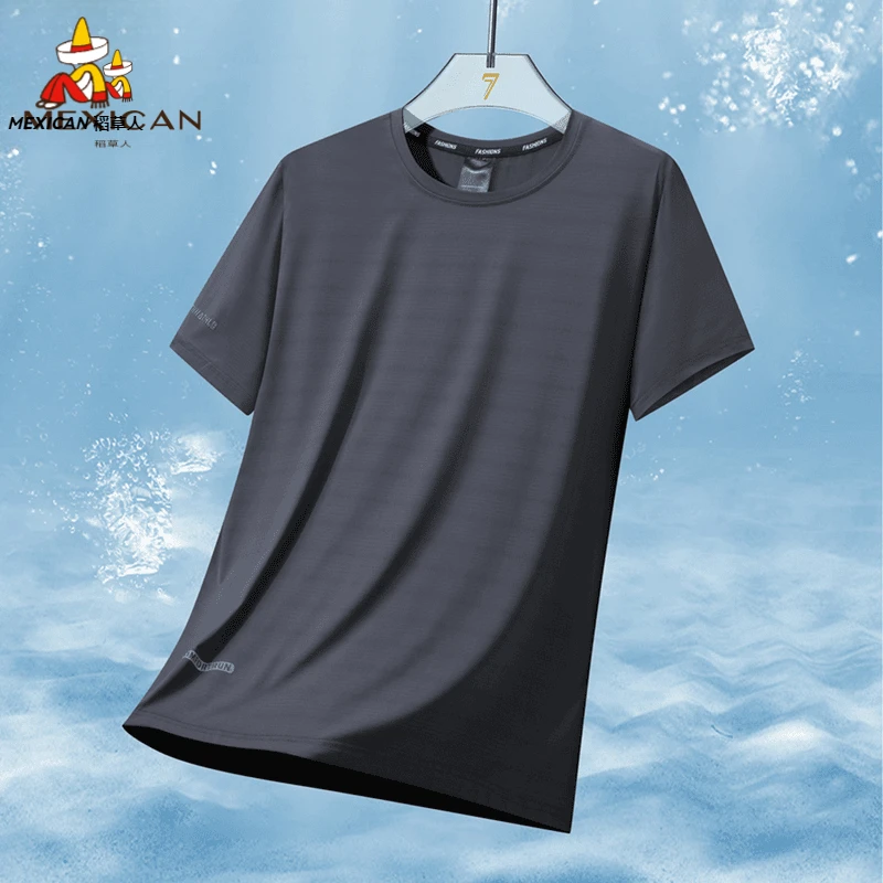 稻草人科技冰丝T恤夏季新款弹力速干透气短袖大码男轻薄运动短袖