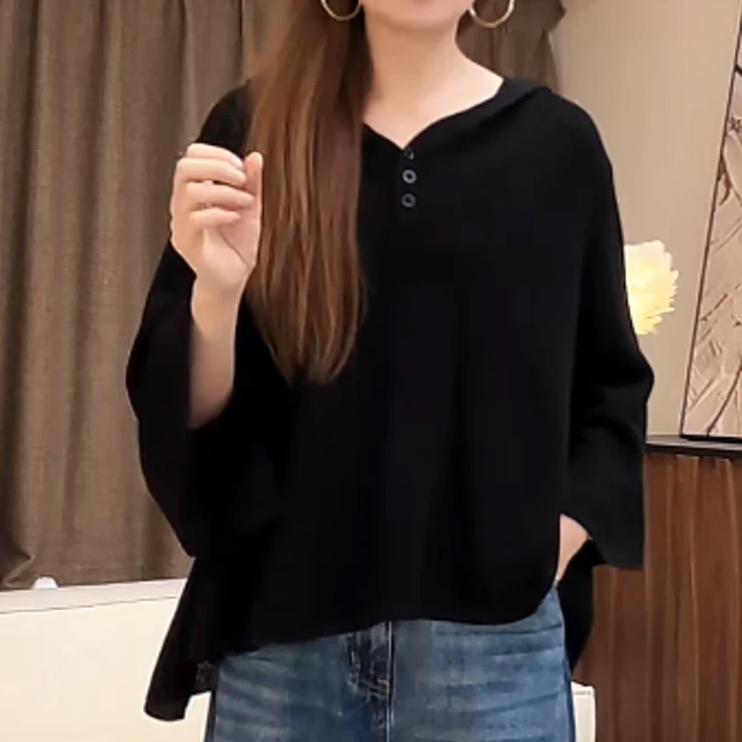 带帽舒适韩版针织衫女新款宽松t恤薄款空调衫针织女上衣百搭显瘦