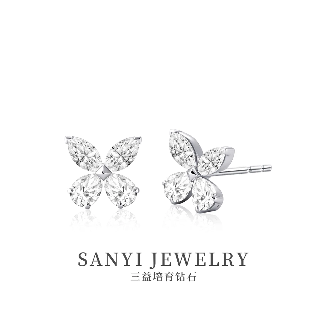 三益珠宝18K金B异形小蝴蝶耳钉（小号）K白轻奢时尚耳饰