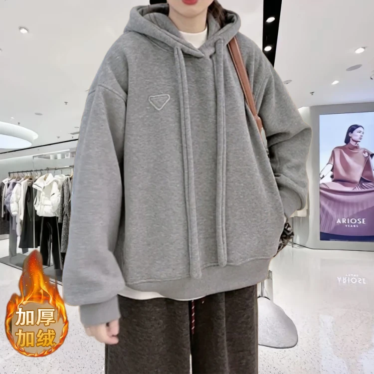 春季新款极简风韩版加绒加厚连帽套头卫衣女灰色宽松休闲运动上衣