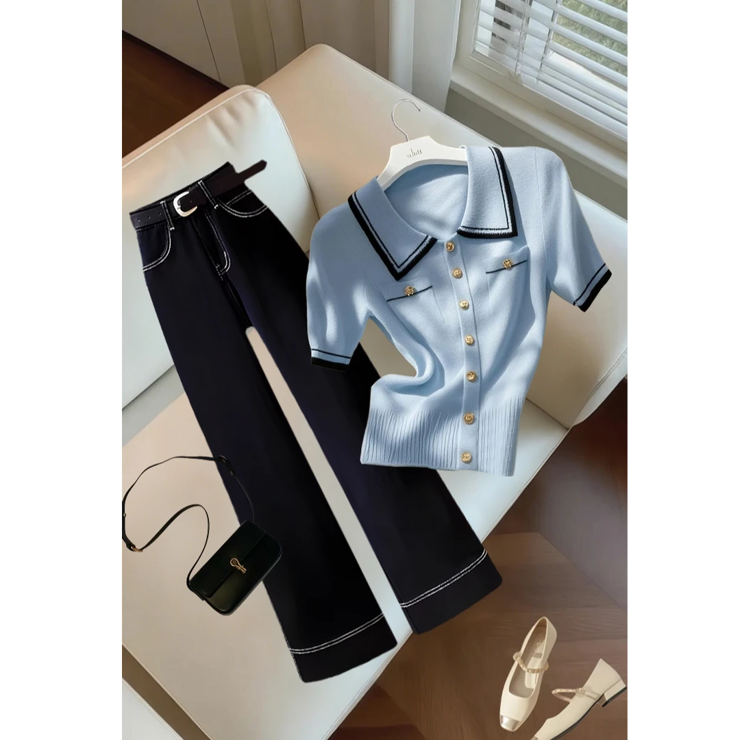 2025今年流行一整套穿搭爆款韩版ins显瘦翻领上衣高腰休闲直筒裤