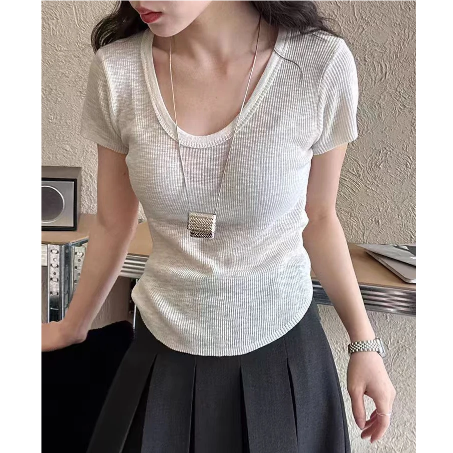 SSP 535 U领短袖t恤女短款2025夏季新款薄款针织衫上衣