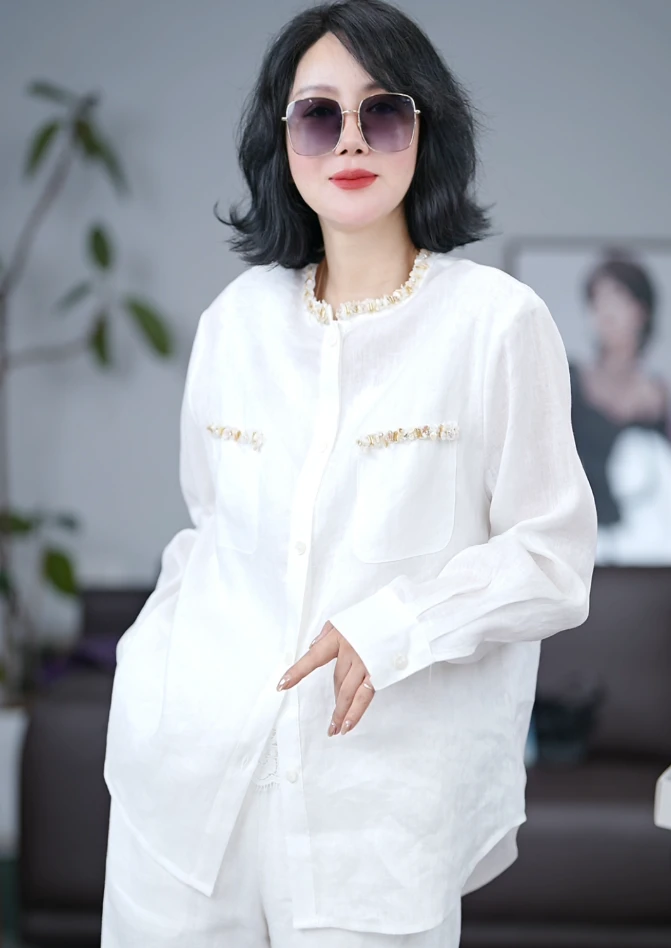 时尚休闲设计感钉珠贝壳高级感亚麻圆领外套/50112