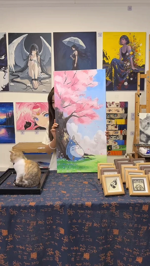 丙烯画零*-樱花树龙猫丙烯画y加框